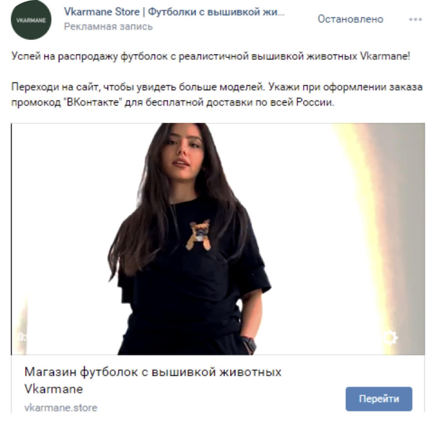 Рекламная запись VKarmane с видео и моделью в футболке